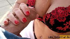 Milf jerks off her husband on rooftop